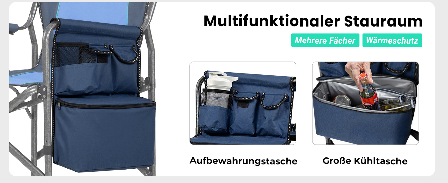 Крісло для кемпінгу OVERMONT: складне, з бічним столиком та сумкою-холодильником, до 180 кг, блакитне