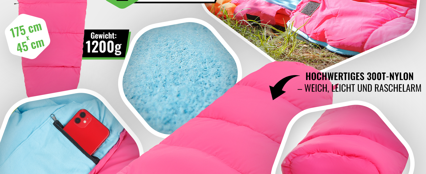 Дитячий спальний мішок MOUNTREX® - 175x70x45 см - для кемпінгу, подорожей, відпочинку на природі. 100% бавовна, рожево-блакитний, легкий, компактний, мумієподібний.