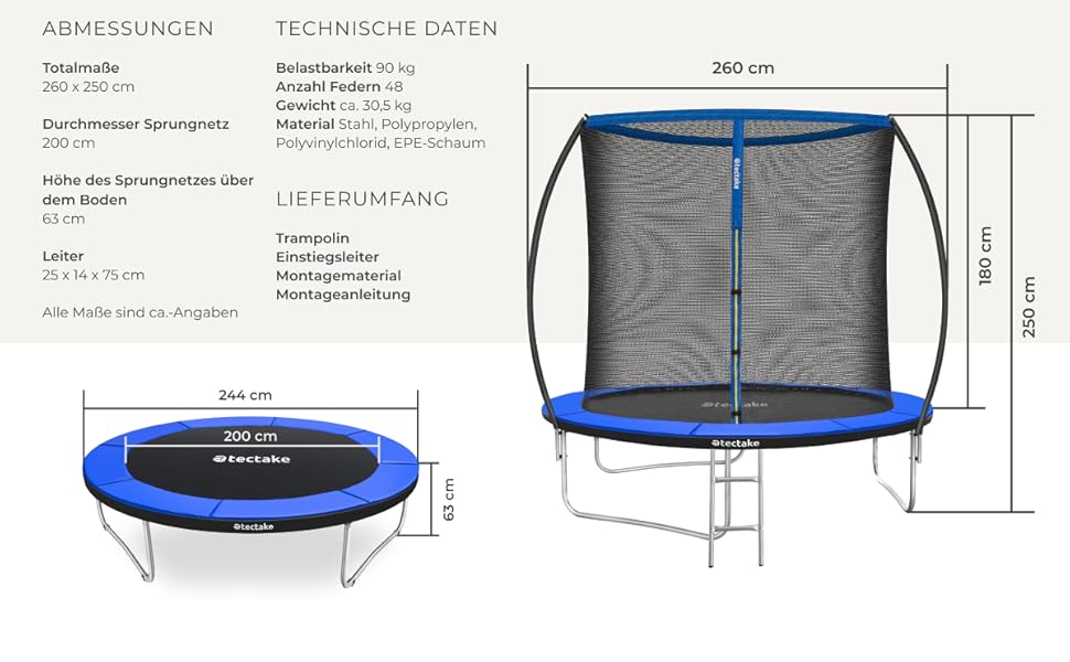 Трамплін Tectake® для саду, Ø 305 см, з захисним сіткою, блакитний – ідеальний для занять спортом та балансування
