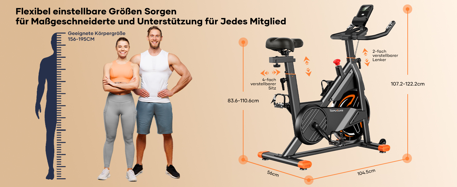 Велотренажер Neu Toputure з вимірюванням пульсу, 15 кг маховик, магнітний опір, до 160 кг, тримач для планшета, тримач для напоїв, помаранчевий