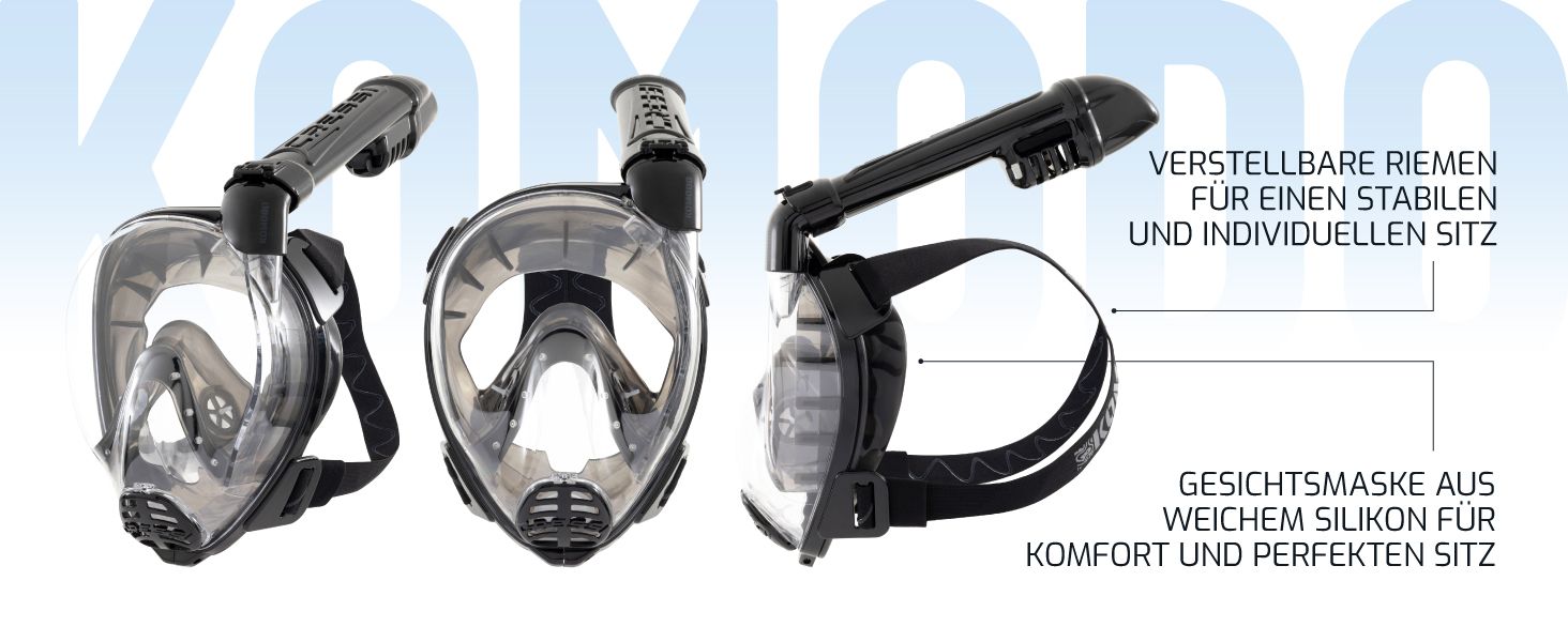 Маска для снорклінгу CRESSI Komodo – повна маска Dry з широким оглядом 180° та боковим загубником. Без запотівання, регульовані ремінці M/L, чорний колір.