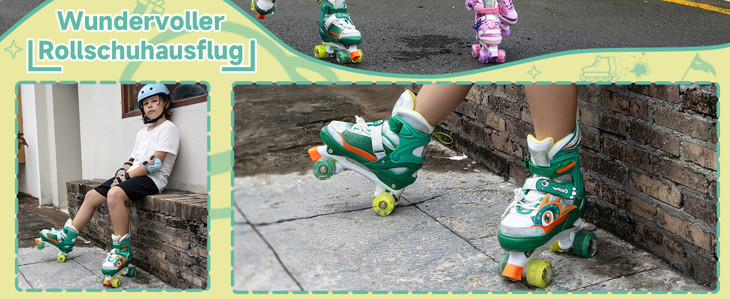 Дитячі ролики Quad Roller Skates з підсвічуванням коліс, регульовані по розміру, зелені (32-35)