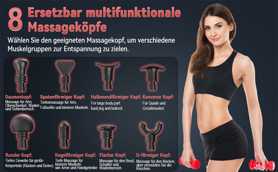 Масажер для м'язів, електричний масажний пістолет з 30 швидкостями та 8 насадками (червоний)