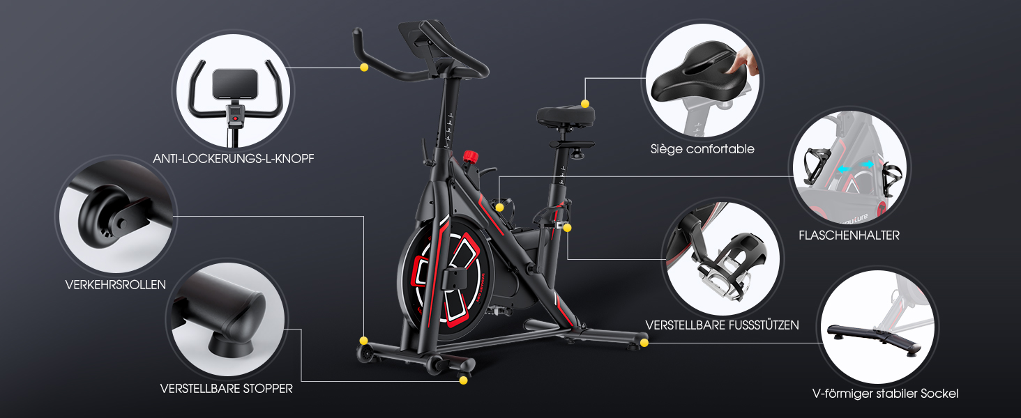 Велотренажер Toputure з APP, тихий, з магнітним опором, 15 кг маховик, до 150 кг, LCD-монітор, тримач для планшета, тримач для напоїв, червоний