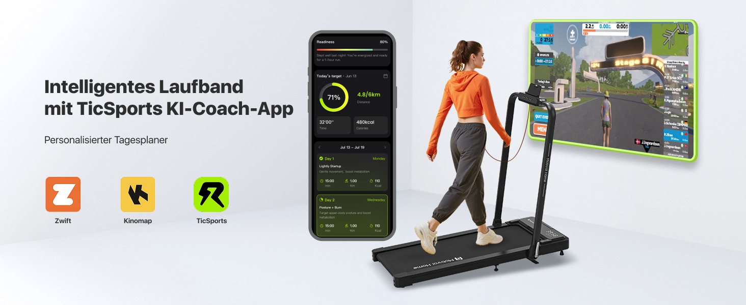 Біговий тренажер Mobvoi Home Laufband Plus: Розумний AI 3-в-1, складний, 2.5 PS, LED-дисплей, динаміки, велика поверхня для бігу, додаток TicSports, до 120 кг, швидкість до 12 км/год, регулювання нахилу