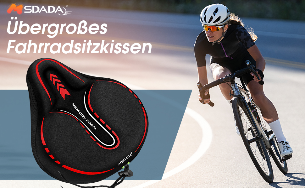 Покриття на сидіння велосипедного сидіння MSDADA з гелевим наповнювачем, Extra Soft Foam, широке, з пам'яті ефекту, для MTB, велотренажера, Peloton, зручне сидіння для жінок, чоловіків, літніх людей (Чорний/Червоний)