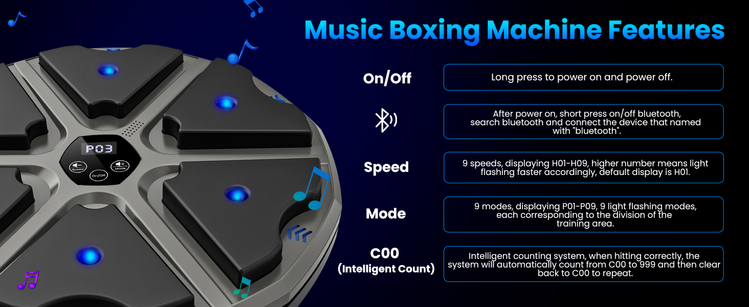 Музичний боксерський тренажер: електронна машина для ударів з Bluetooth, 9 режимів, лічильник ударів, для дорослих (сірий)