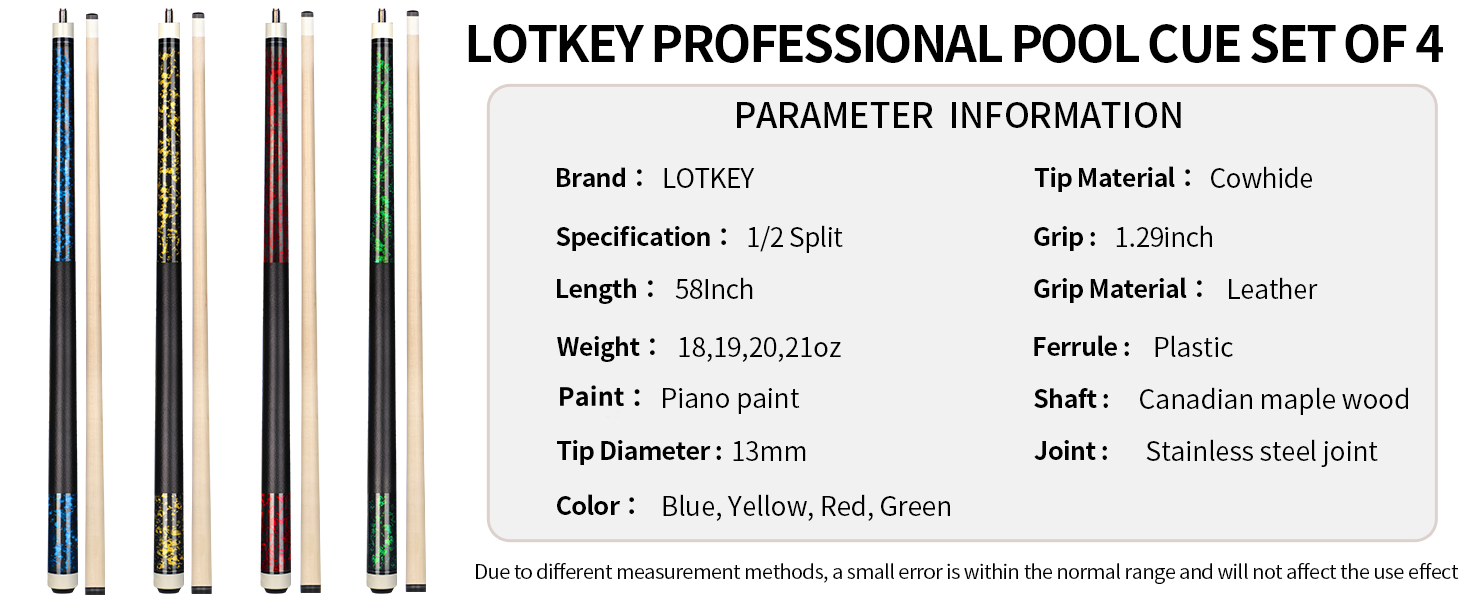 Набір для більярду Horse Billardqueue: 4 більярдні кийки з канадського акації, 58 дюймів, вага 18-21 oz, 2 крейди, для дорослих