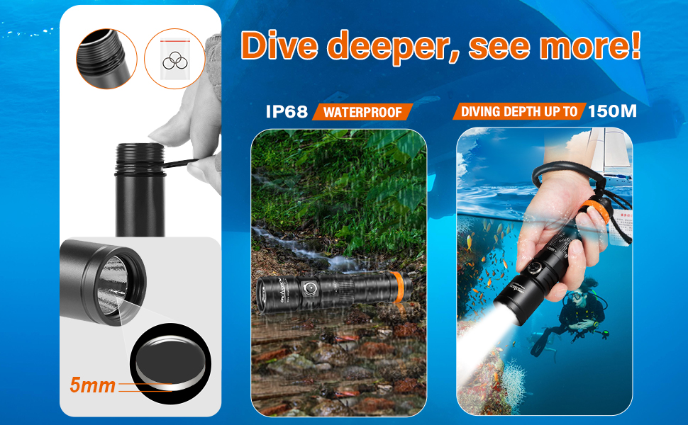 Ліхтар під водою ORCATORCH DC710 LED 3000 люмен, USB-C, IP68, 150м, чорний