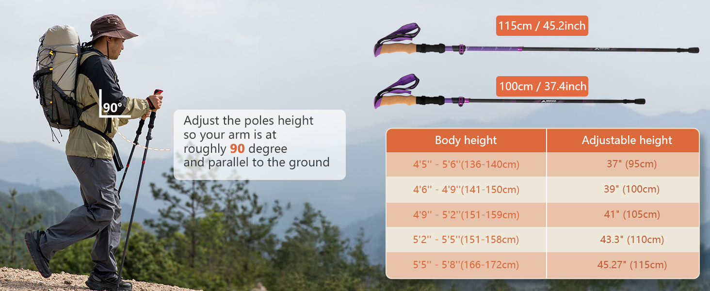 Телескопічні палиці для скандинавської ходьби та гірських походів BISINNA, карбонові, з корковими ручками, ультралегкі, фіолетові, 100-115 см