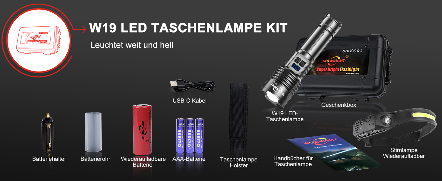 WOWNIGHT LED ліхтарик на акумуляторі 1000000 люмен, 2 режими, USB-C, тактичний, регулювання яскравості, налобний, для кемпінгу та надзвичайних ситуацій, чорний обсидіан