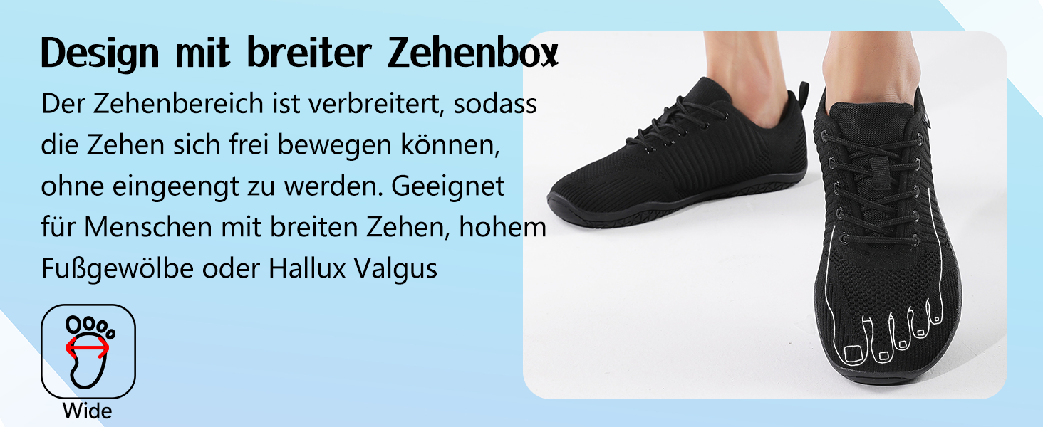 Geweo Кросівки для відпочинку та бігу без шкарпеток для жінок та чоловіків, широка носок, підошва Zero-Drop, легкі, дихаючі, антиковзкі, розмір 37-47, чорний