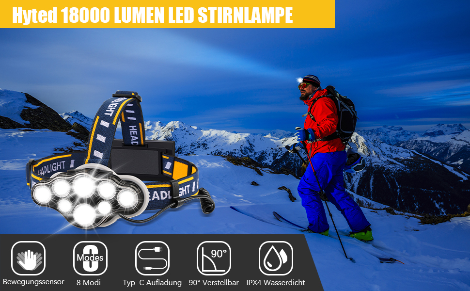 Налобний ліхтар Superheller 18000 Lumen з 8 LED, 8 режимів, червоним сигналом, USB, водонепроникний, для роботи, відпочинку, кемпінгу, риболовлі