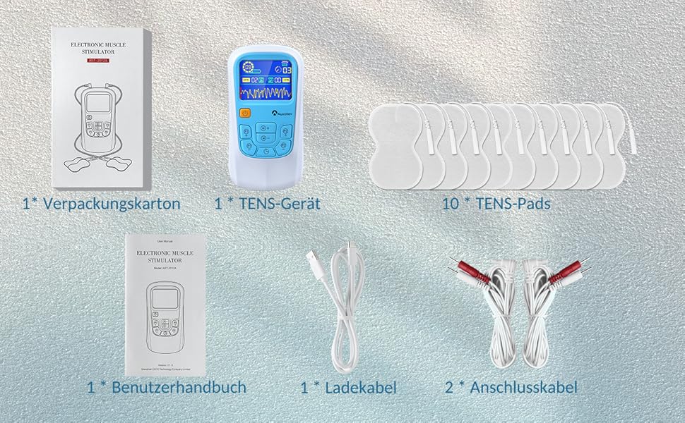 Пристрій TENS для терапії болю, EMS, 2 канали, 25 режимів, 50 рівнів інтенсивності, 10 електродів (синій)