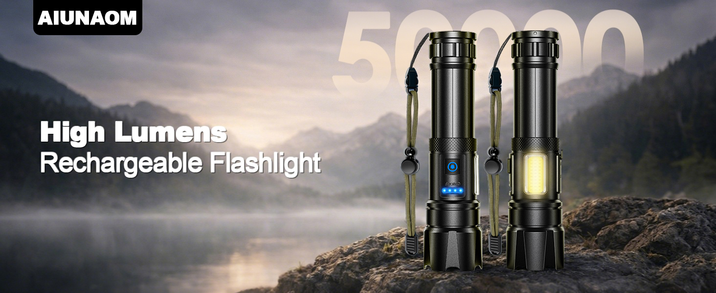 Ліхтарик тактичний LED AIUNAOM 500000 люмен, акумуляторний, водонепроникний IPX6, 9 режимів для кемпінгу, походів, надзвичайних ситуацій