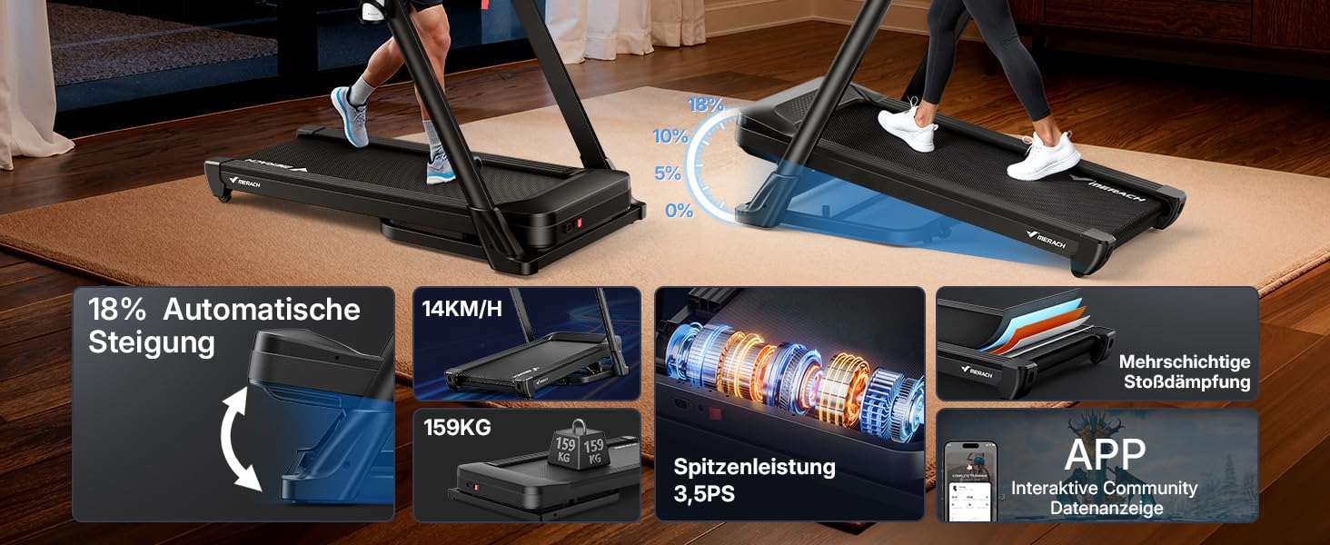 Біговий тренажер MERACH для дому з регулюванням нахилу (6%-18%), швидкість до 14 км/год, складаний, потужність 2.5HP/3.5HP, максимальне навантаження 136/159 кг, розмір 42*108 см / 46*120 см, чорний, з підключенням до додатку