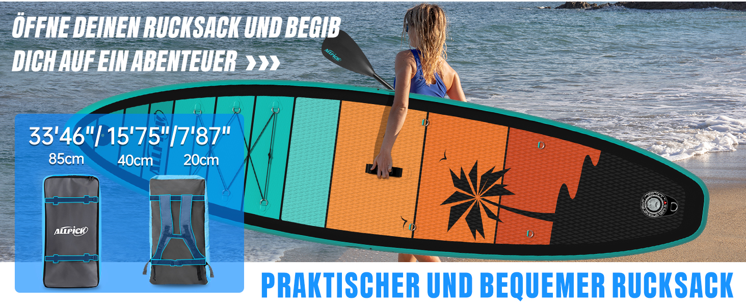 Надувний SUP-борд ALLPICK Premium Set: Комплектація для початківців та досвідчених, з кріпленням для камери, регульовим веслом, 200 кг, для відпочинку на пляжі (зелений)