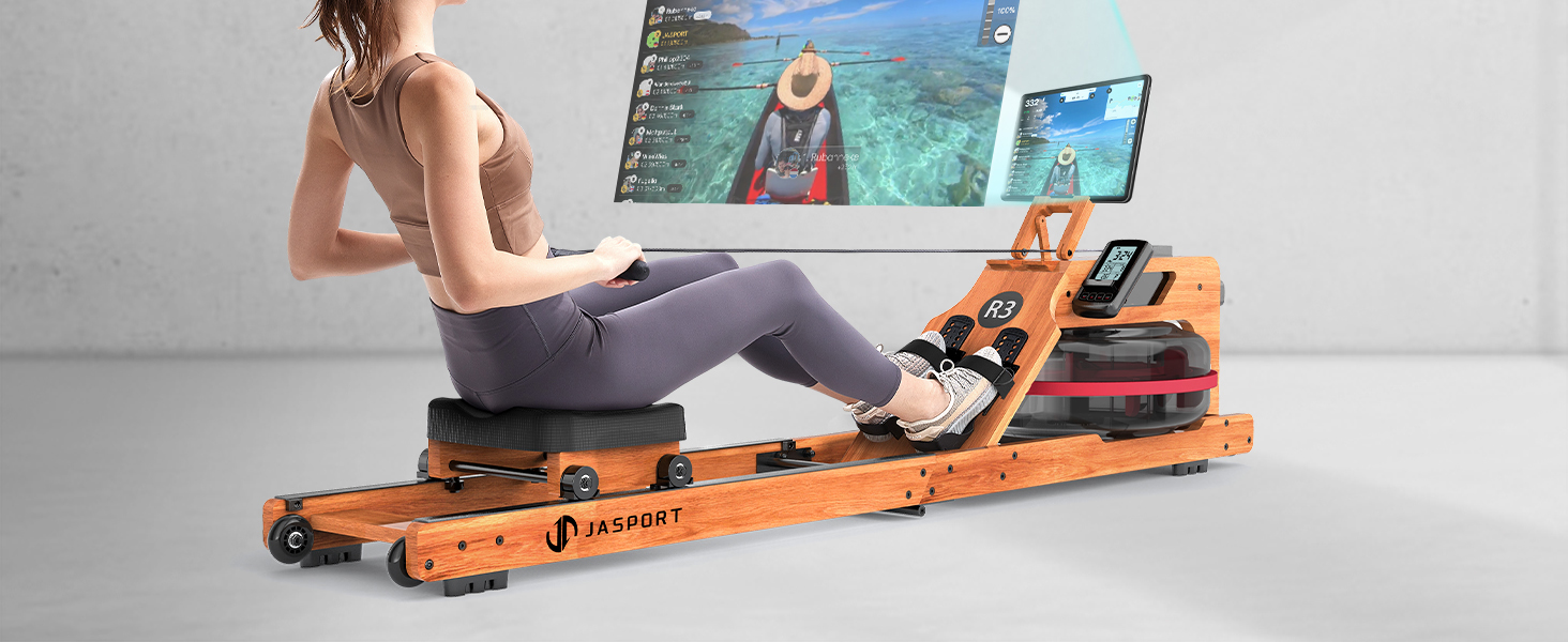 Складальний гребний тренажер R3 з дубового дерева, з Bluetooth LCD-дисплеєм, підтримкою Kinomap, баком для води 28л, ергономічним сидінням та тримачем для планшета, до 150 кг