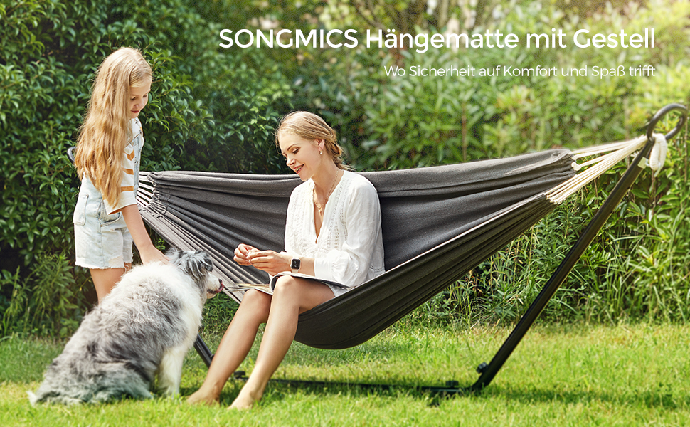 Гамак SONGMICS 210x150 см з металевим каркасом, регульована висота, до 240 кг, чорний каркас, сірий гамак для саду GHS001G01