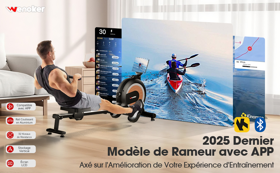 Гребний тренажер Wenoker з магнітним опором, для дому, 32 рівні опору, з додатком, для домашнього спортзалу, кардіотренажер, 160 кг, LCD-монітор (H310C)