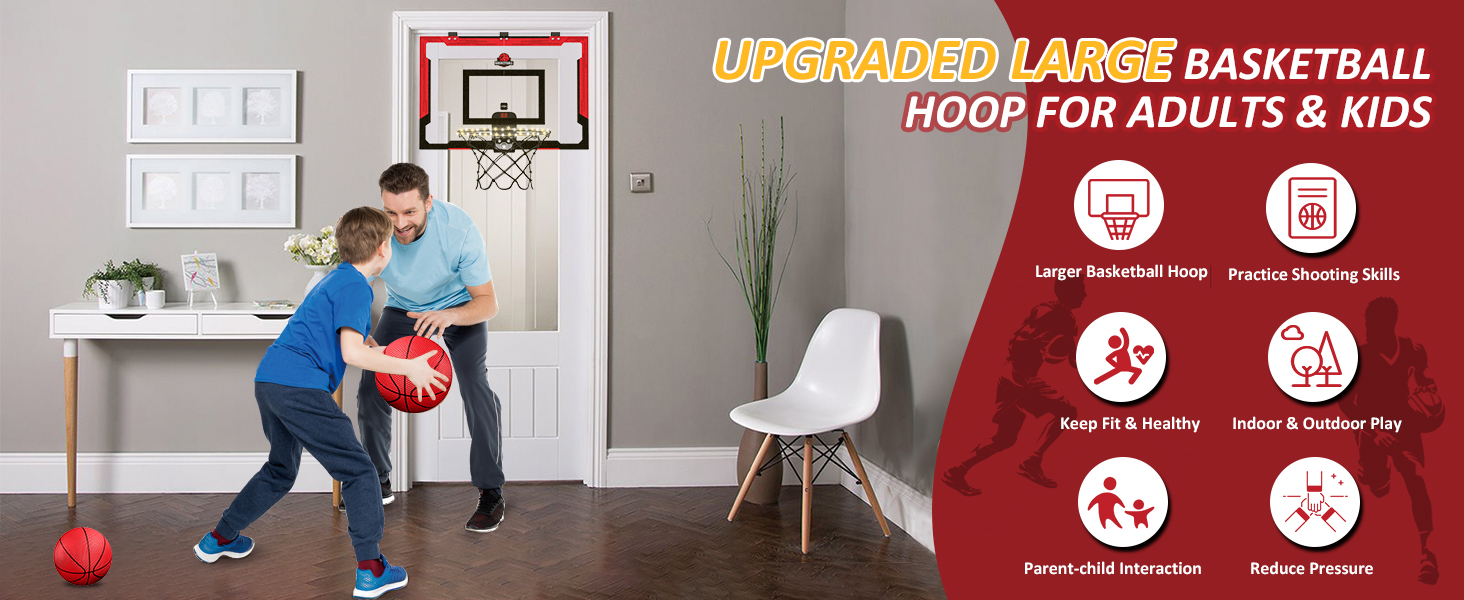 Великий баскетбольний кошик HYES 60×40 см для дітей, з LED підсвіткою, лічильником очок, 2 м’ячами та насосом, настінний для приміщення, червоний
