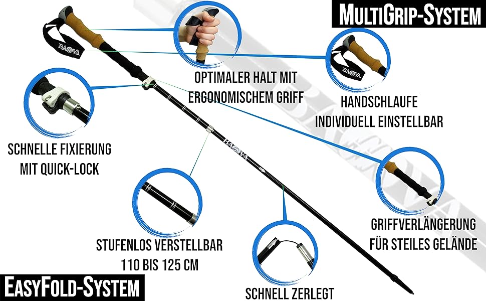 Туристичні палиці BAVA складні Розмір упаковки 36 см Різні насадки Ультралегкі Система EasyFold - телескопічна регульована Трекінгові палиці Палиці для скандинавської ходьби жінки та чоловіки -Піші прогулянки На свіжому повітрі