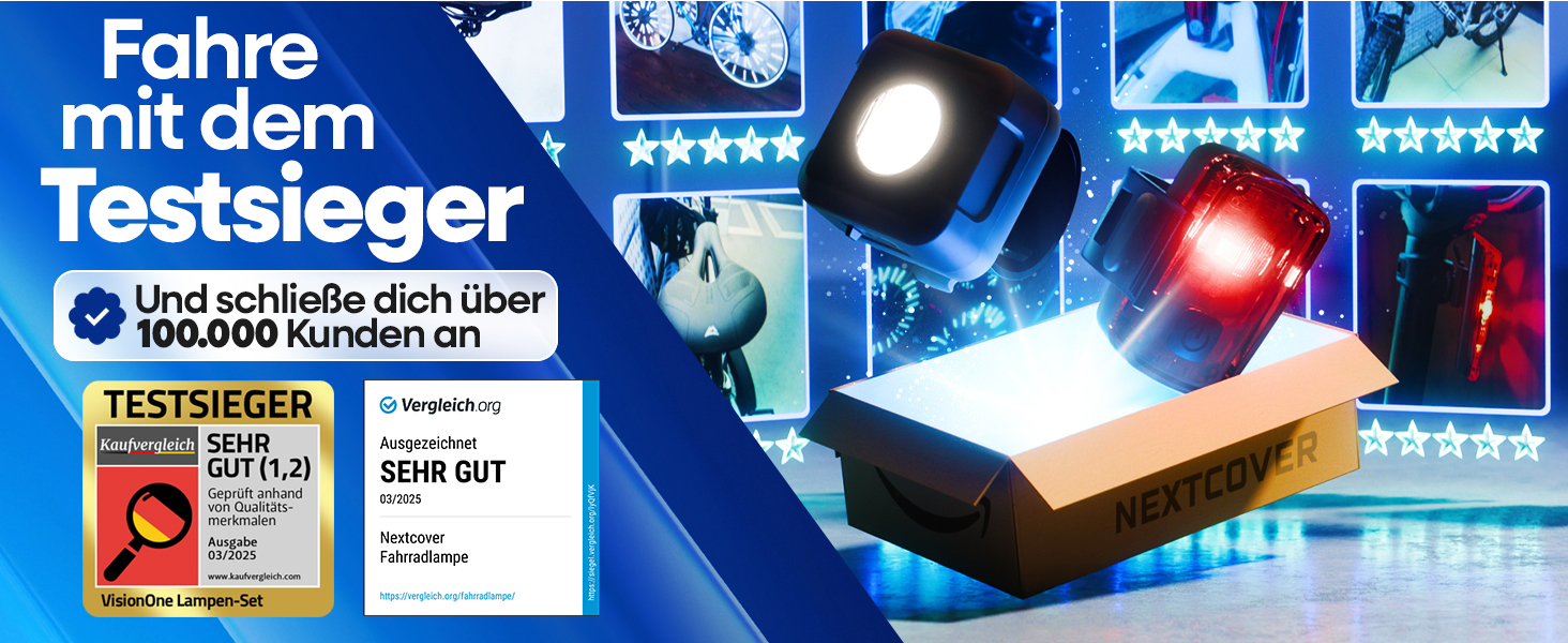 NEXTCOVER® Велосипедні ліхтарі: комплект з LED [VisionOne] USB-C, водонепроникні, схвалені StVZO, передній та задній ліхтарі, акумуляторний, велосипедне освітлення