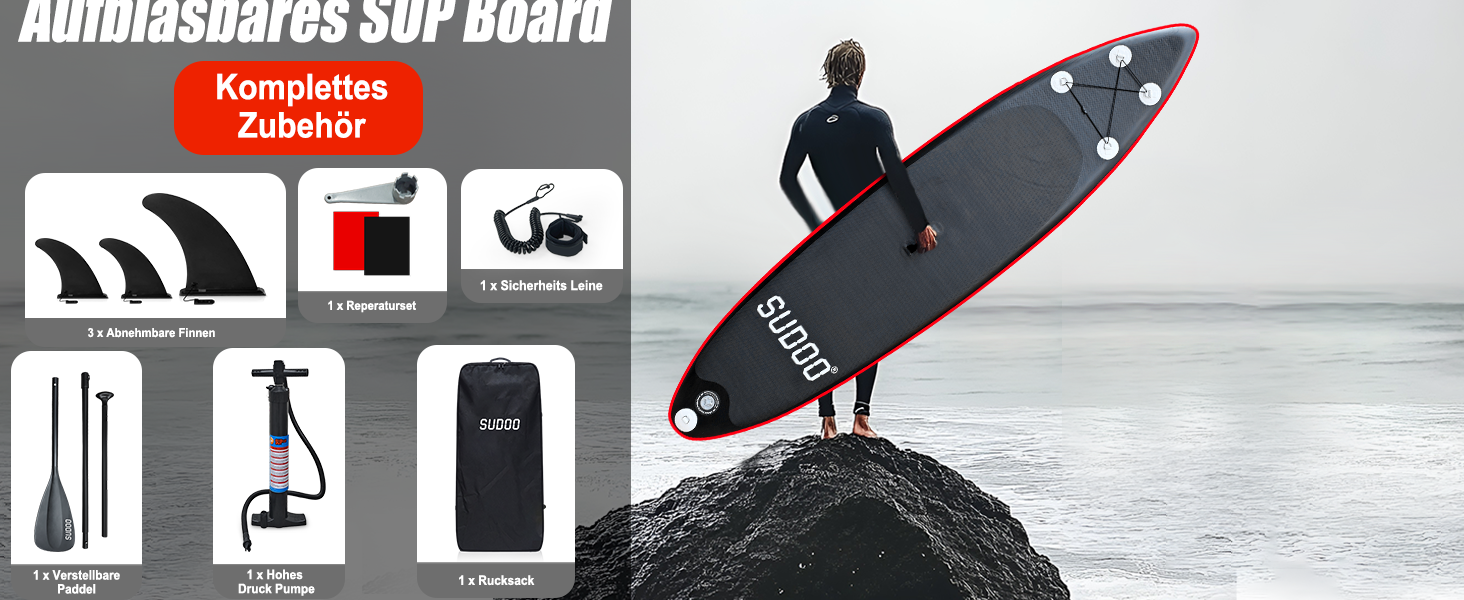 Надувний SUP борд для 2+1 людини/сім'ї Stand Up Paddling Board SUP06RK Black Red - до 150 кг, з веслом та плавниками