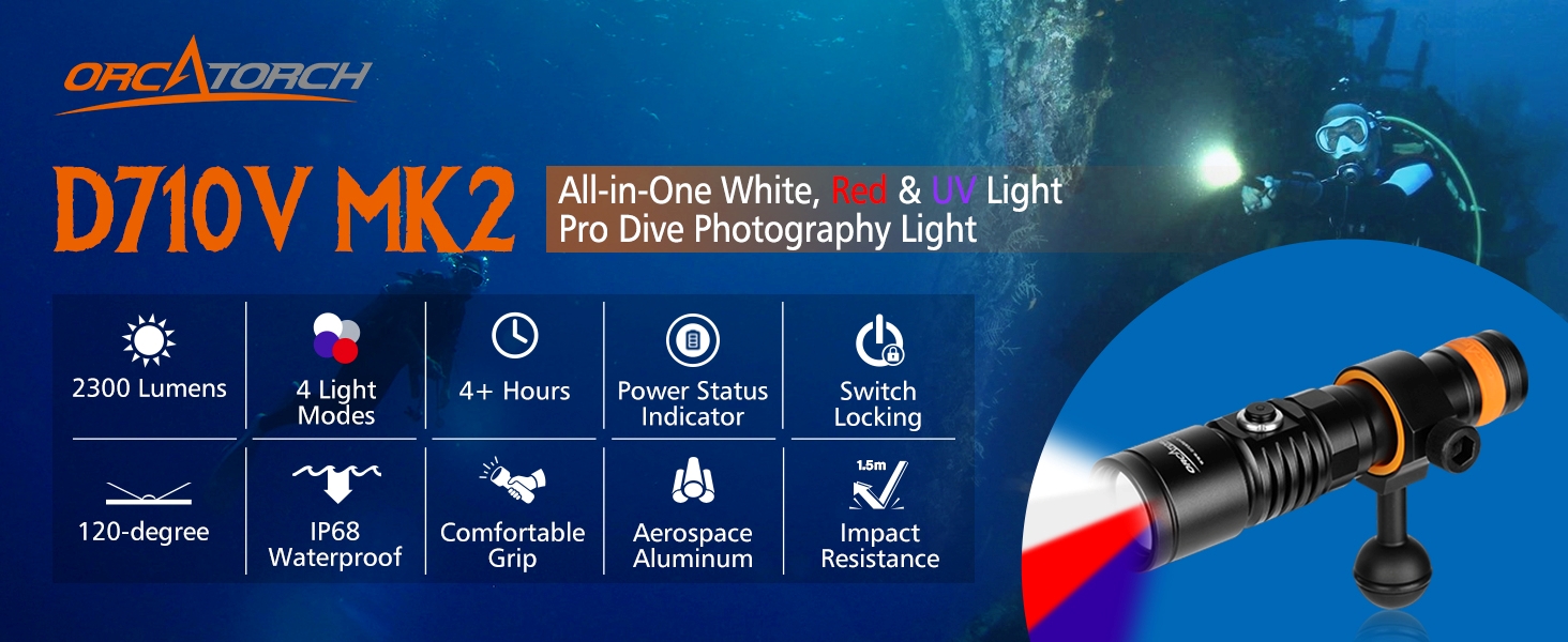 Ліхтар підводний ORCATORCH D710V MK2 з 2300 люменів, білий+UV+червоний світлодіодний, IP68 водонепроникний, 150м, для відеозйомки, дайвінгу, кемпінгу