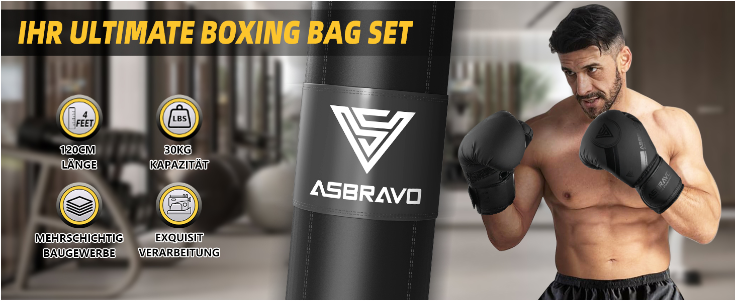 Боксерський мішок ASBRAVO для дорослих, комплект з рукавичками 12oz, для MMA, муай-тай, кікбоксингу, тренувань вдома, чорний