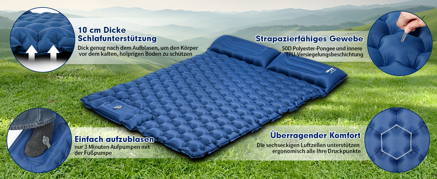 Каремат HiiPeak Isomatte самонадувний туристичний, з інтегрованими подушками, для кемпінгу, блакитний (подвійний)