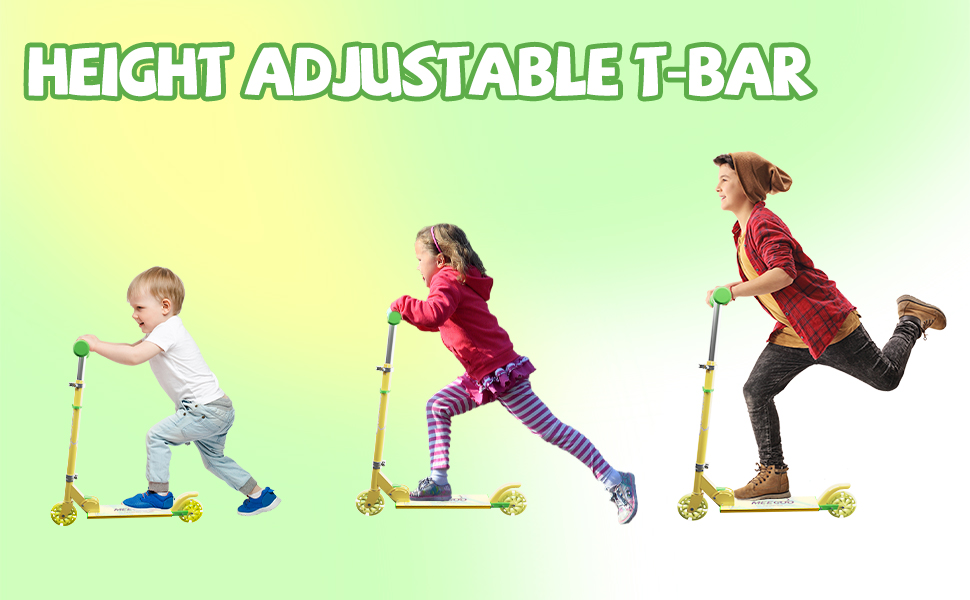 MEE GOO Роликовий самокат для дітей з алюмінію, складний, 3 регульовані висоти, LED колеса, жовтий