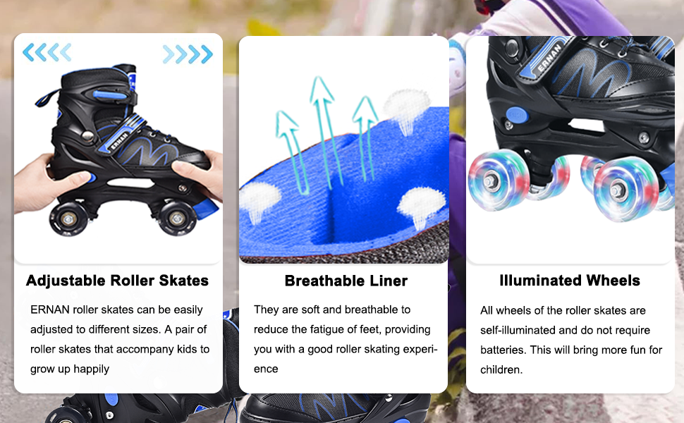 Дитячі ролики ERNAN з регулюванням, світлодіодні, для дівчаток та хлопчиків, підходять для початківців, 4 розміри.