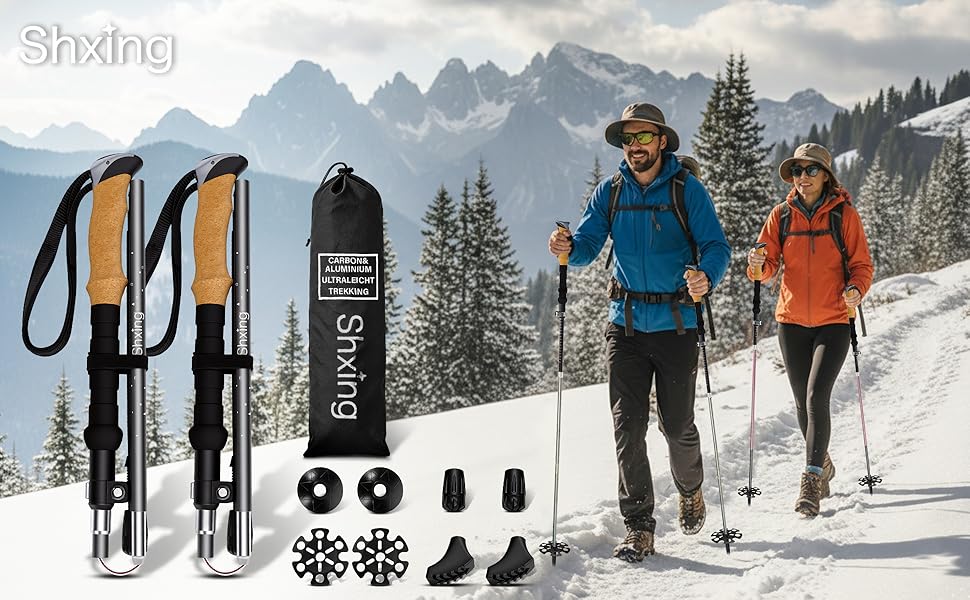 Складані трекінгові палиці для ходьби (2 шт), карбон 3K та алюміній 7050, регульовані 110-135 см, коркова ручка з EVA, сірі