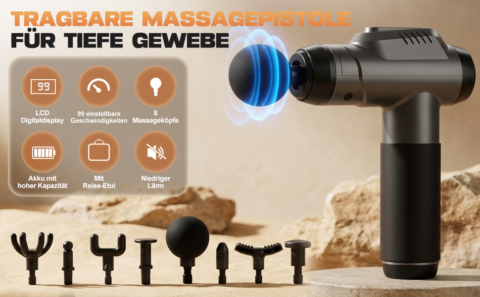Масажний пістолет Massage Gun для м'язів: перкусійний масажер з 99 швидкостями, 8 насадками, до 9800 об/хв, амплітуда 14 мм, LED сенсорний екран, 35 дБ, чорний