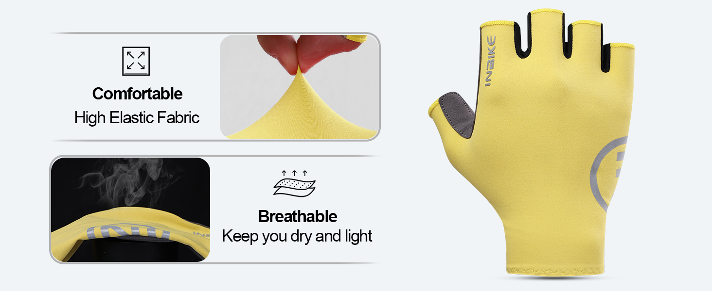 Велосипедні рукавички INBIKE літні напівпальцеві дихаючі, з еластичністю, для шосе та MTB, 3 мм SDR, антиковзаючі, з світловідбиваючими елементами, чорні, чоловічі/жіночі