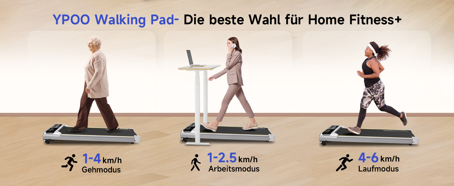 Walking Pad YPOO з регулюванням нахилу, 1-6 км/год: компактне бігове полотно для дому та офісу, до 140 кг, тихе, з LED-дисплеєм, пультом та APP, срібне