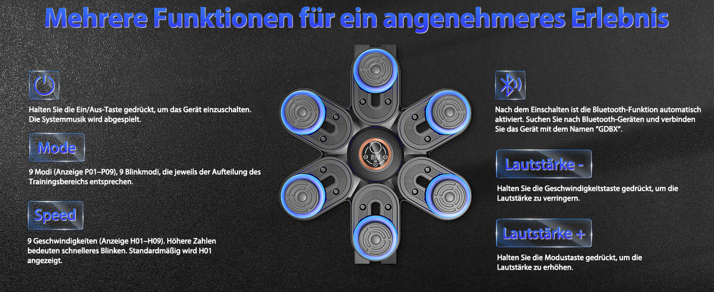 Музична боксерська машина з LED-підсвіткою та Bluetooth, 3 рівня регулювання розміру, 9 режимів швидкості та тренувань, лічильник ударів, для дорослих та дітей