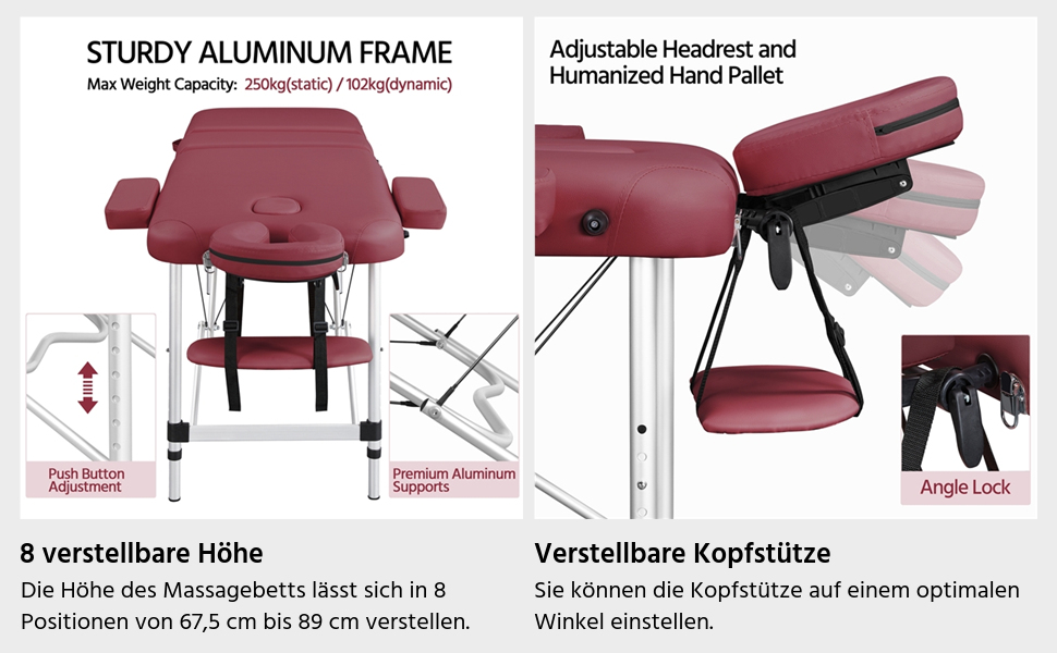 Масажний стіл Yaheetech Масажне ліжко Розкладний терапевтичний стіл Масажний стіл 3 зони Ергономічна масажна лава з підголівником і підлокітниками, шириною 70 см, (213 x 82 см, бордовий)