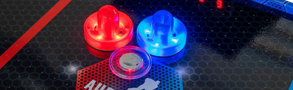 Airhockey стіл Aurora-XT від Carromco – великий стіл для аір-хокею з LED підсвіткою для дітей та дорослих від 7 років, 131x62x79 см, з LED шайбами та пушером, блок живлення