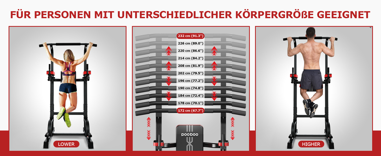 Силовий комплекс Pooboo Power Tower: багатофункціональний турнік з брусами для дому, 11 рівнів регулювання висоти, еластичні стрічки, чорний