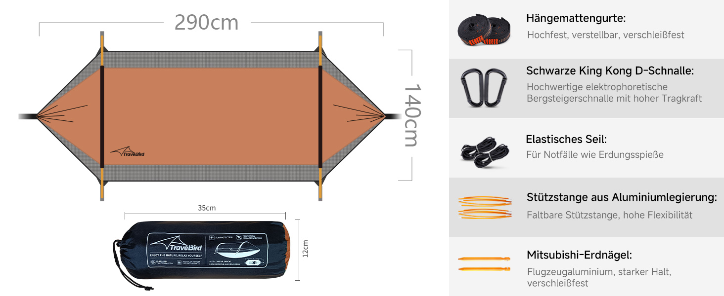 Гамак-намет Travel Bird з москітною сіткою та сонцезахистом, 290x140 см, великий простір, багатофункціональний, легкий, з ременями для кріплення до дерева, підходить для кемпінгу та відпочинку на природі (зелений/помаранчевий)