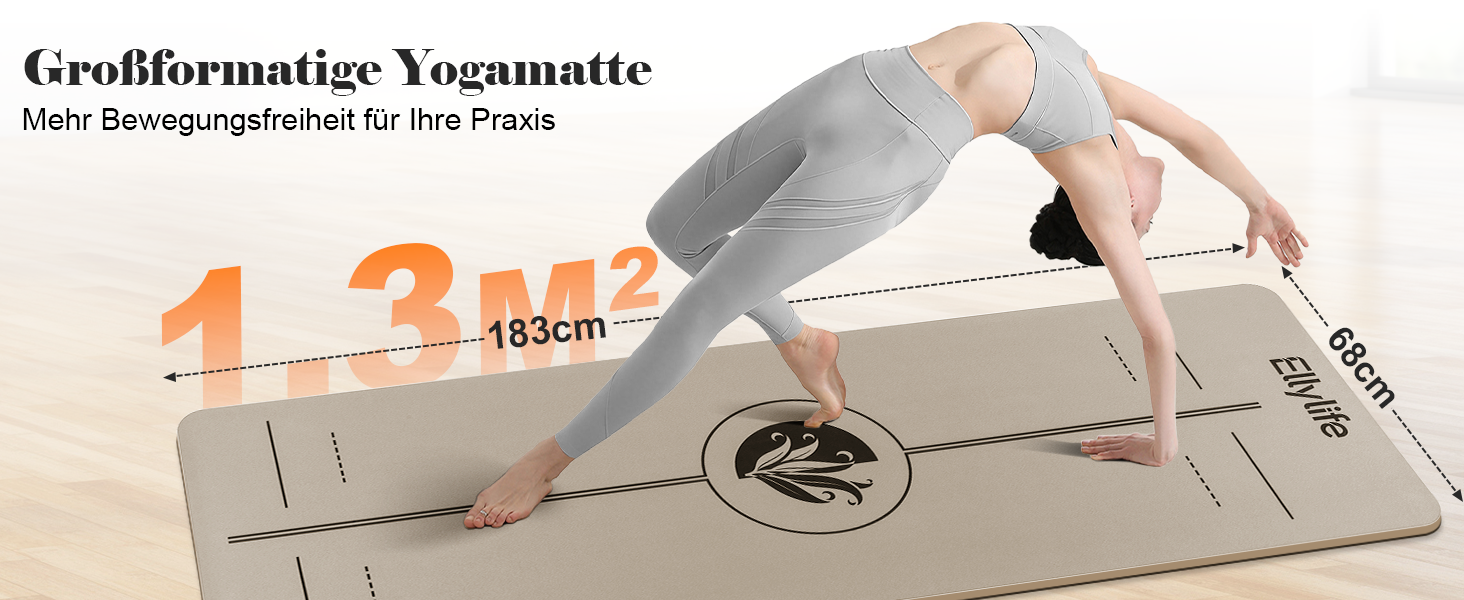 Килимок для йоги та пілатеса з еко-каучуку та TPE, протиковзкий з лініями розмітки, бежевий, 4мм, з ременем для перенесення