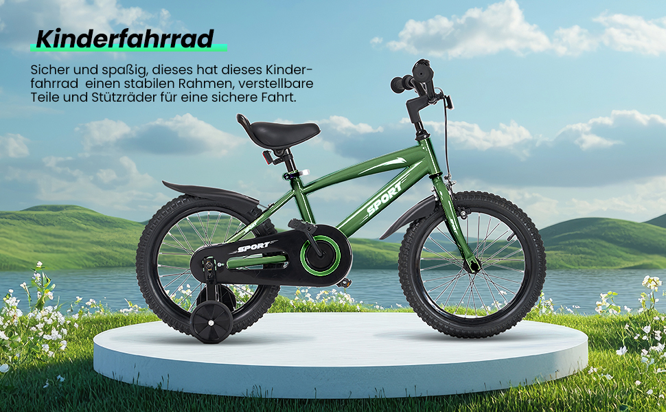 Дитячий велосипед BODIOO 12 дюймів, з регульованим сидінням, двома гальмами, підставкою, відбивачем та бризговиком, 84-97 см (Зелений)