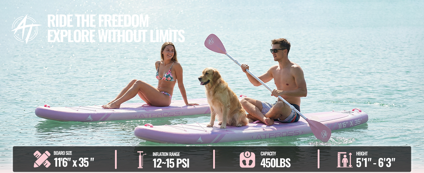 SUP дошка надувна 11'6'x35' для дорослих, рожева з градієнтом, з каяковим сидінням та аксесуарами - для йоги, вантажопідйомність до 181 кг
