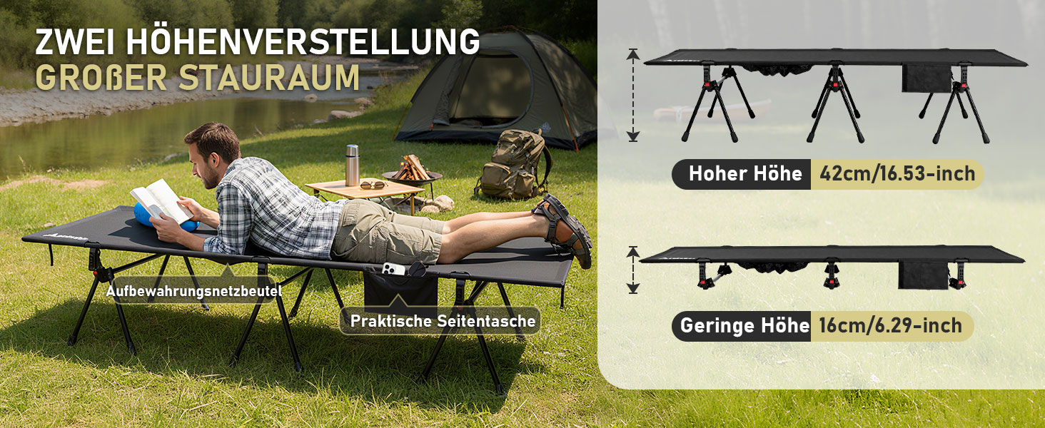 Кемпінгове ліжко Anbte: легке, розкладне, 190x70 см, алюміній, 2 положення висоти, до 180 кг, з сумкою