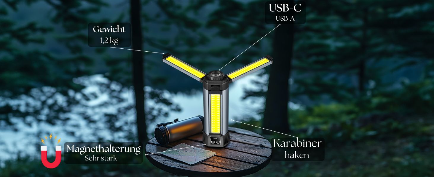 Багатофункціональний ліхтар 12 в 1 з LED, акумулятором, магнітом та телескопічною штангою: ліхтар для кемпінгу, ліхтарик, робочий ліхтар для майстерні, powerbank – для саду, відпочинку на природі та не тільки