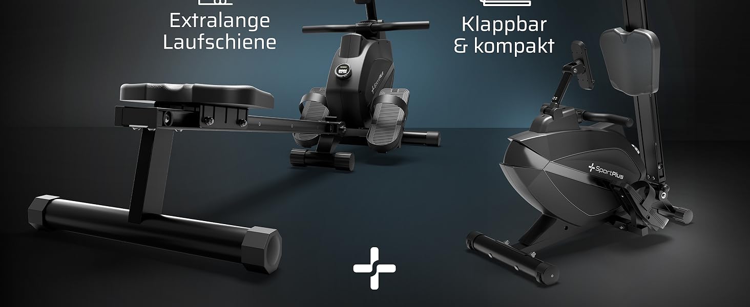 Гребний тренажер SportPlus для дому, складаний, з тихою магнітною системою гальмування, комп'ютер для тренувань, фітнес-обладнання для дому, Indoor гребний тренажер, сумісний з додатком (Premium)