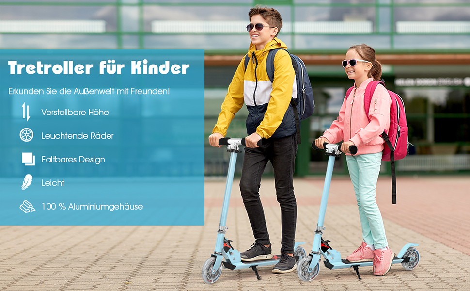 Дитячий ролер COSTWAY з LED-колесами, для дітей від 4 років, до 70 кг, регульована висота, блакитний