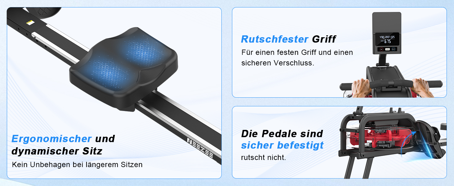 Гребний тренажер Neezee для дому з Bluetooth монітором та тримачем для планшета, до 150 кг, вертикальне зберігання, транспортні колеса